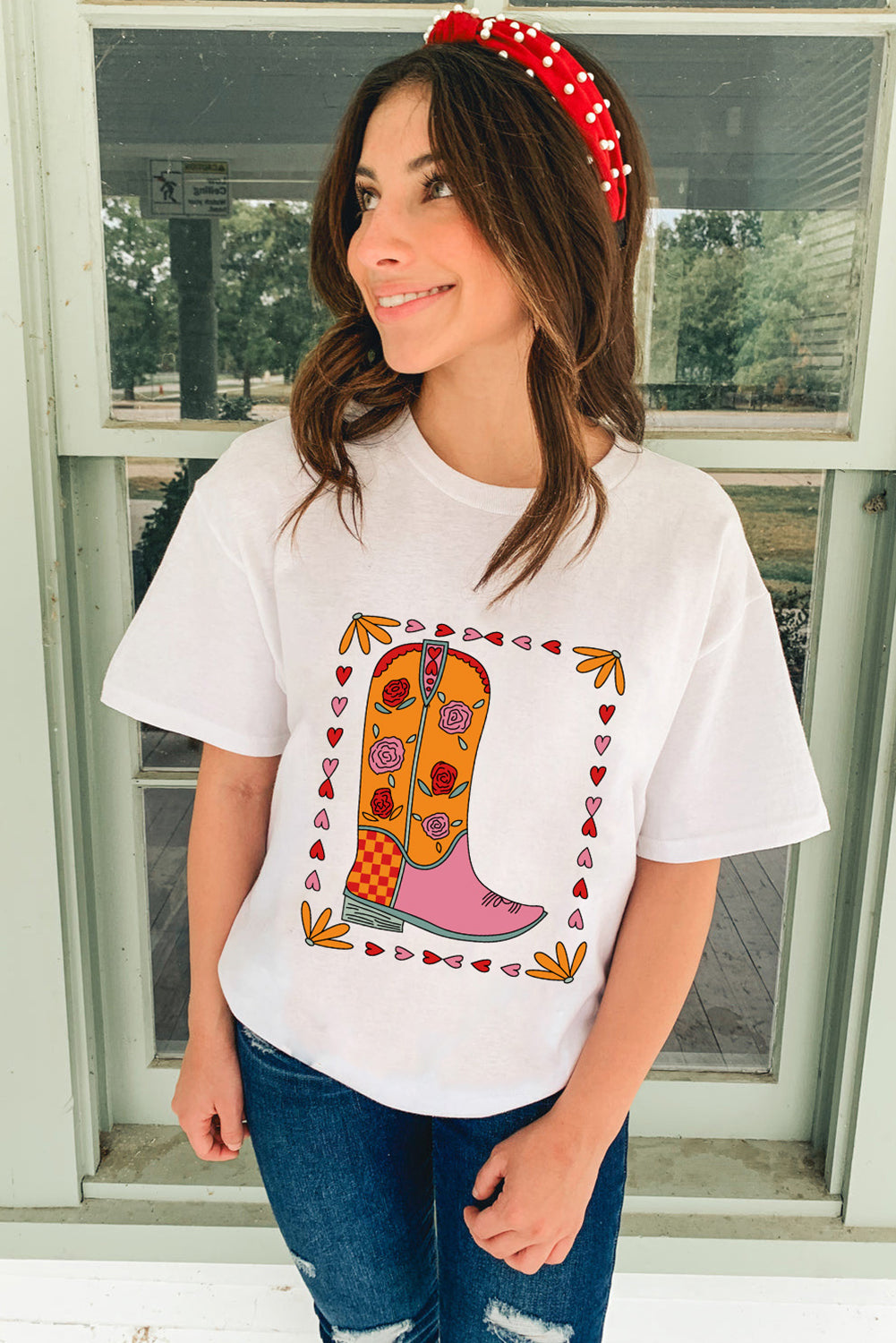 White Floral Cowgirl Boots Printed Casual T Shirt Graphic Tees JT's Designer Fashion