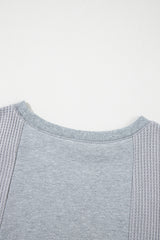 Light Grey Waffle Patchwork Long Sleeve Raw Hem Pullover Top Long Sleeve Tops JT's Designer Fashion