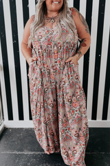 Multicolour Plus Size Paisley Print Sleeveless V Neck Jogger Jumpsuit Plus Size Bottoms JT's Designer Fashion