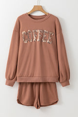 Straw Yellow Sequined COFFEE Loose Fit Sweatshirt and Shorts Set Short Sets JT's Designer Fashion