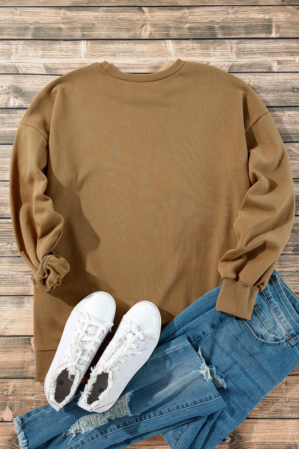 Camel Solid Fleece Lined Drop Shoulder High Low Sweatshirt Sweatshirts & Hoodies JT's Designer Fashion