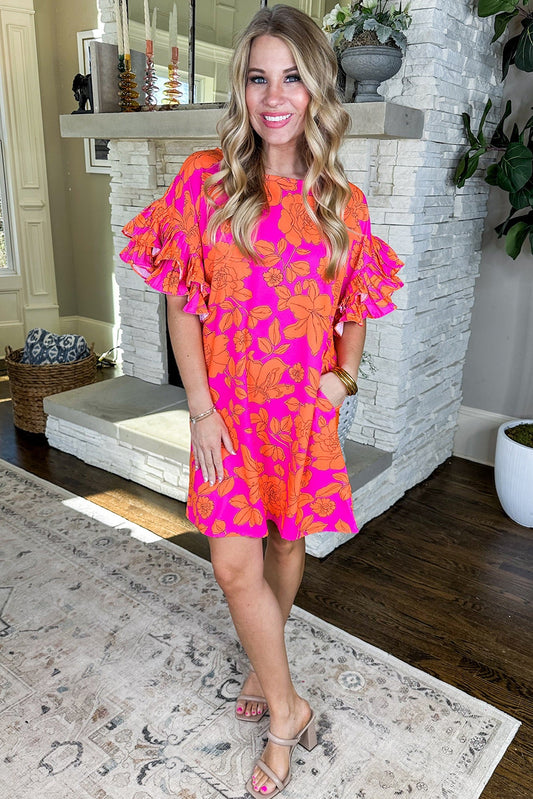 Pink Voluminous Ruffled Sleeve Floral Dress Floral Dresses JT's Designer Fashion