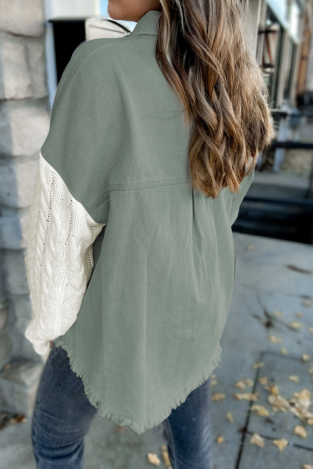 Green Cable Knit Sleeve Raw Hem Shacket Jackets JT's Designer Fashion