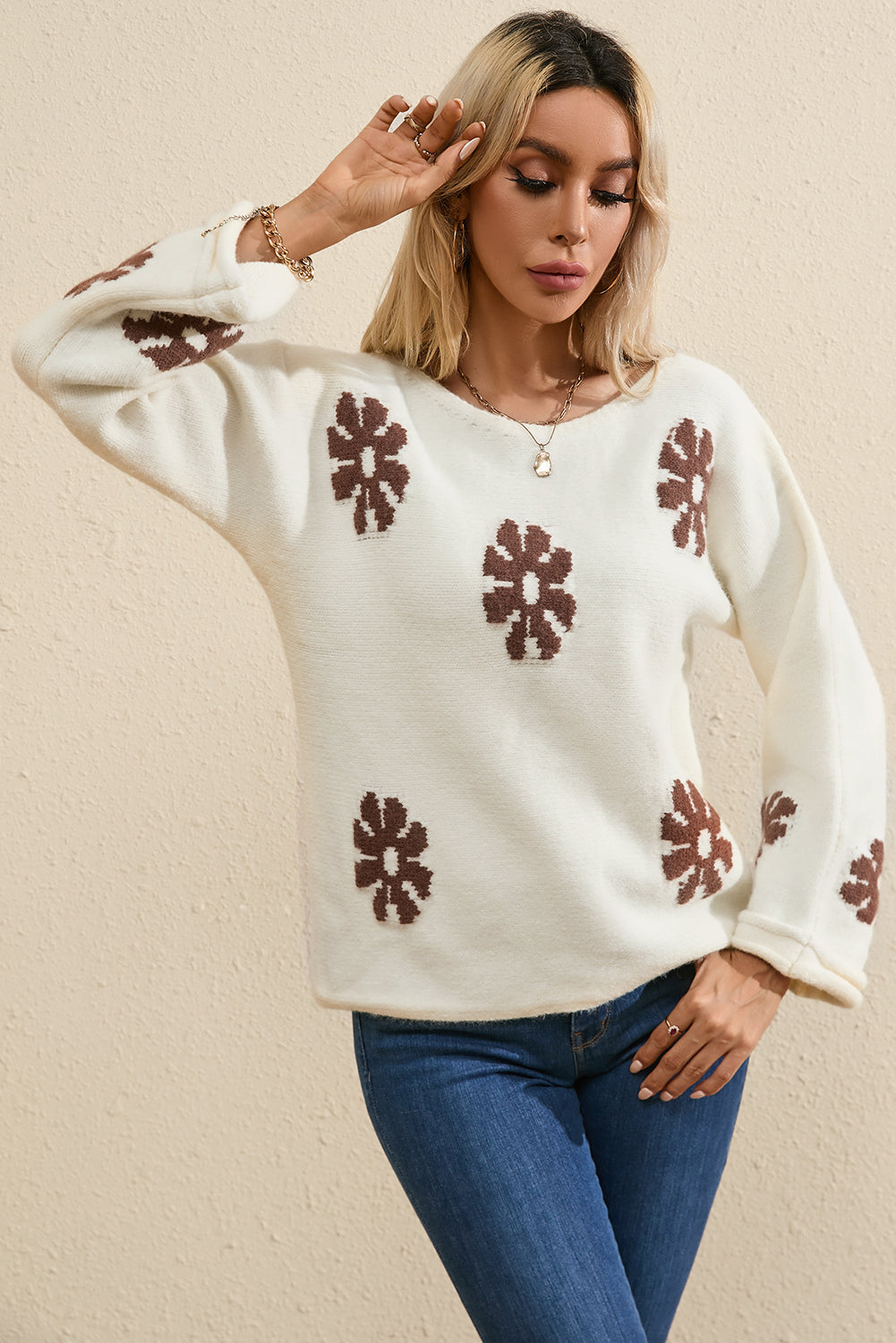 White Colorblock Floral Pattern Round Neck Sweater Sweaters JT's Designer Fashion