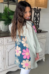 Green Flower Patchwork Exposed Seam Oversized High Low Top Long Sleeve Tops JT's Designer Fashion