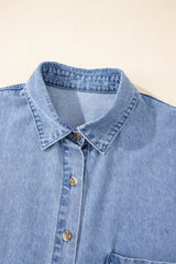 Dusk Blue Short Sleeve Pocketed Button up Denim Tunic Dress Mini Dresses JT's Designer Fashion