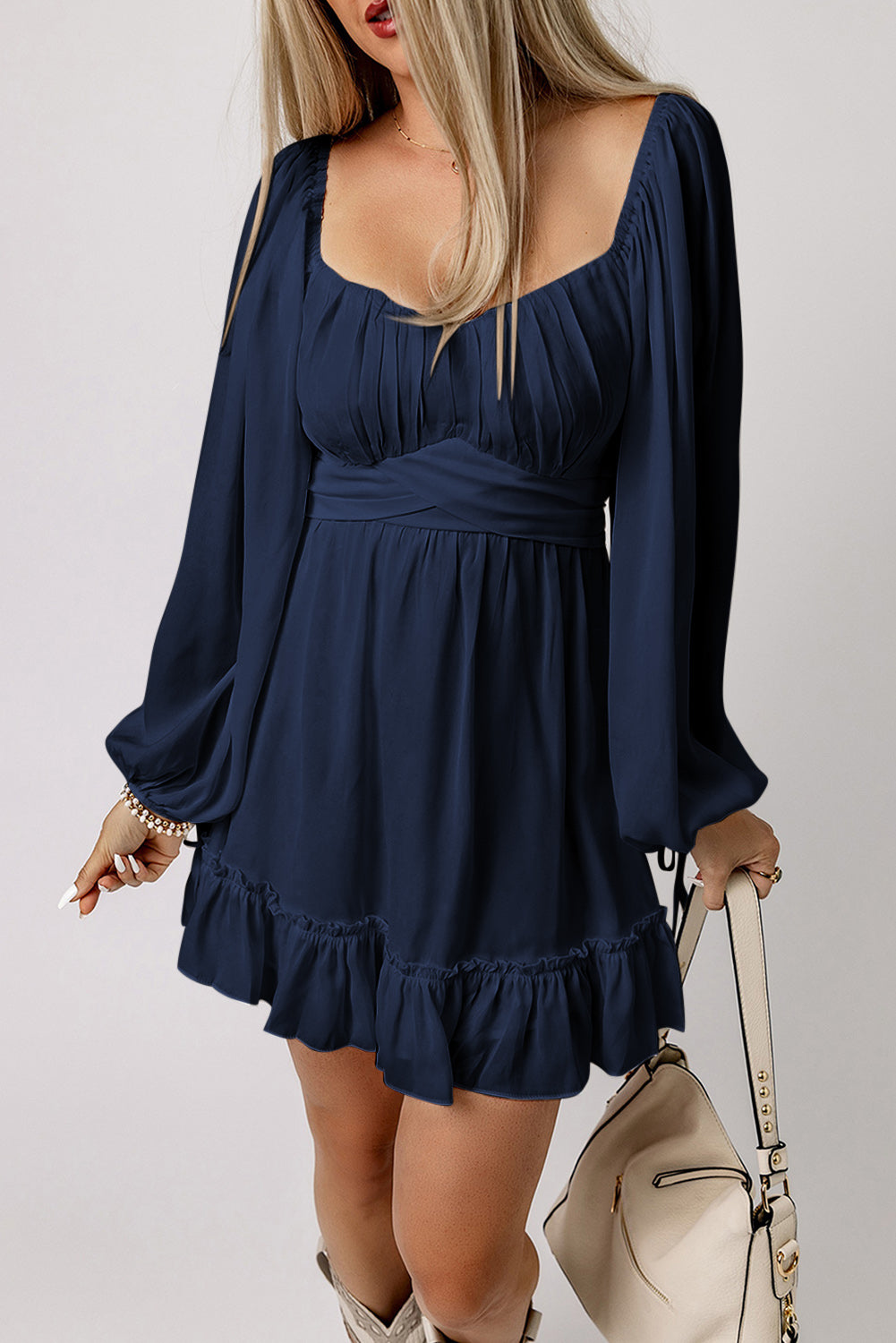 Blue White Plain Ruffled High Waist Square Neck Mini Dress Mini Dresses JT's Designer Fashion