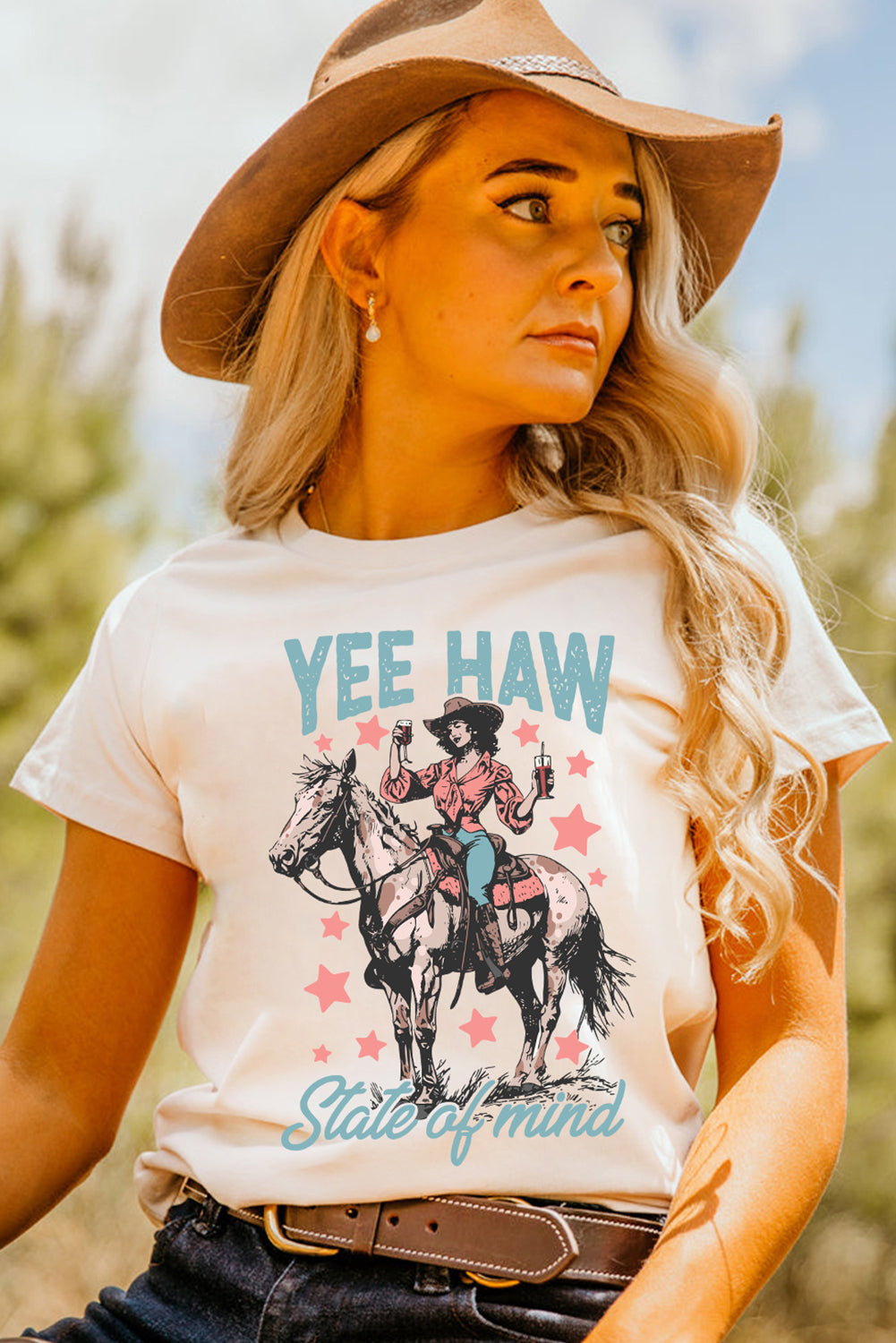 White YEE HAW State of mind Cowgirl Graphic Western Fashion Tee Graphic Tees JT's Designer Fashion
