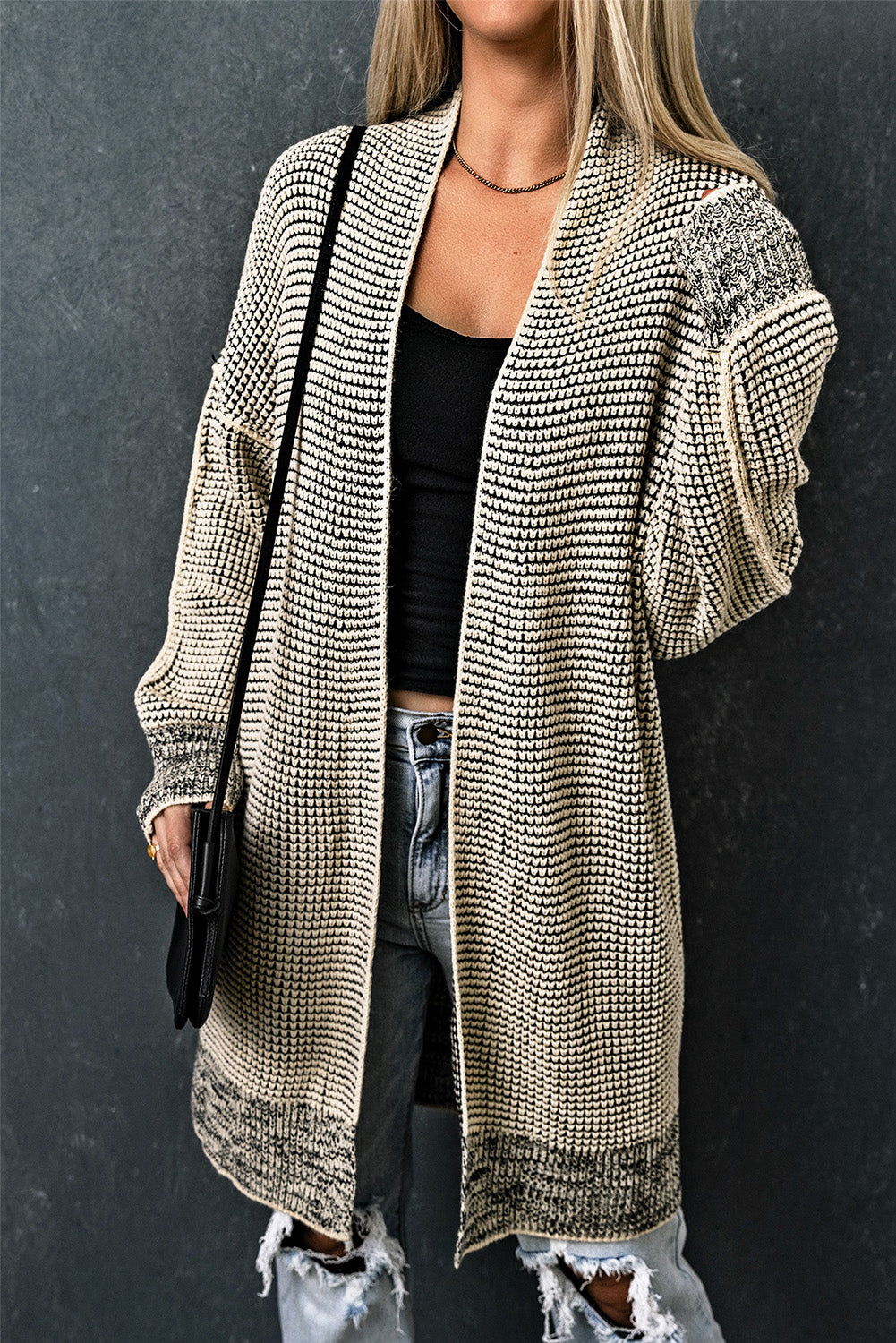 Apricot Plaid Knitted Long Open Front Cardigan Sweaters & Cardigans JT's Designer Fashion