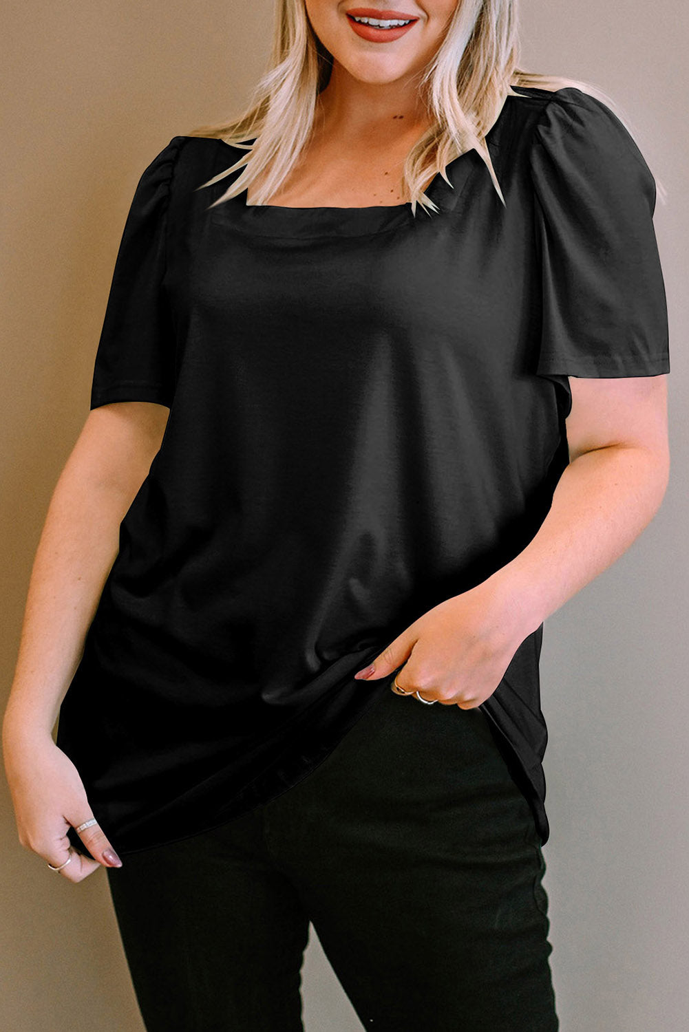 Black Plus Size Square Neck Ruched Shoulder Short Sleeve Top Black 60%Polyester+35%Viscose+5%Elastane Plus Size Tops JT's Designer Fashion