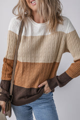 Khaki Colorblock Cable Knit Round Neck Sweater Sweaters JT's Designer Fashion
