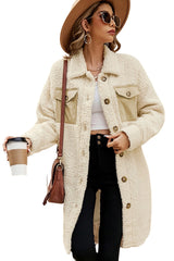 Beige Contrast Flap Pocket Single Breasted Teddy Coat Coats JT's Designer Fashion
