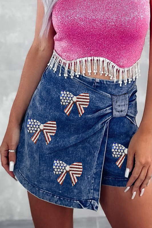 Sail Blue High Waist USA Flag Inspire Bow Patched Twisted Denim Skort Graphic Pants JT's Designer Fashion