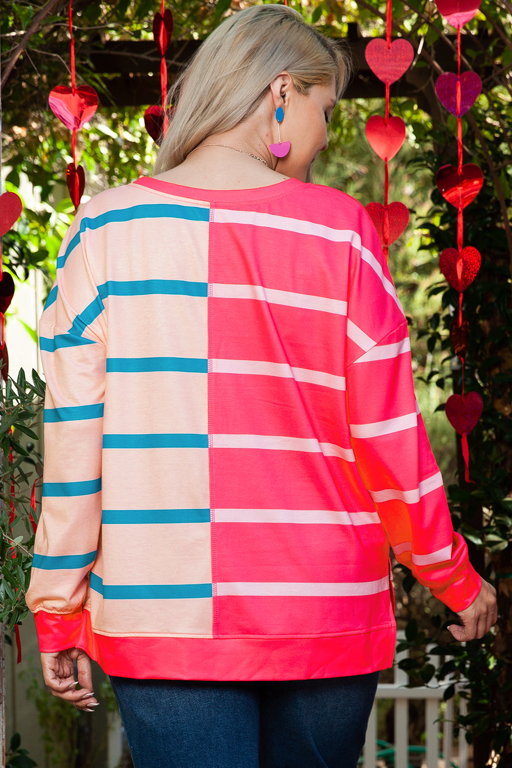 Rose Stripe Color Block Crewneck Long Sleeve Plus Size T Shirt Plus Size Long Sleeve Tops JT's Designer Fashion