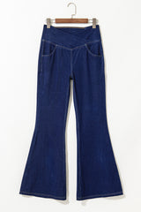 Dusk Blue Solid Crossed Waist High Elastic Fit Flare Knit Jeans Jeans JT's Designer Fashion