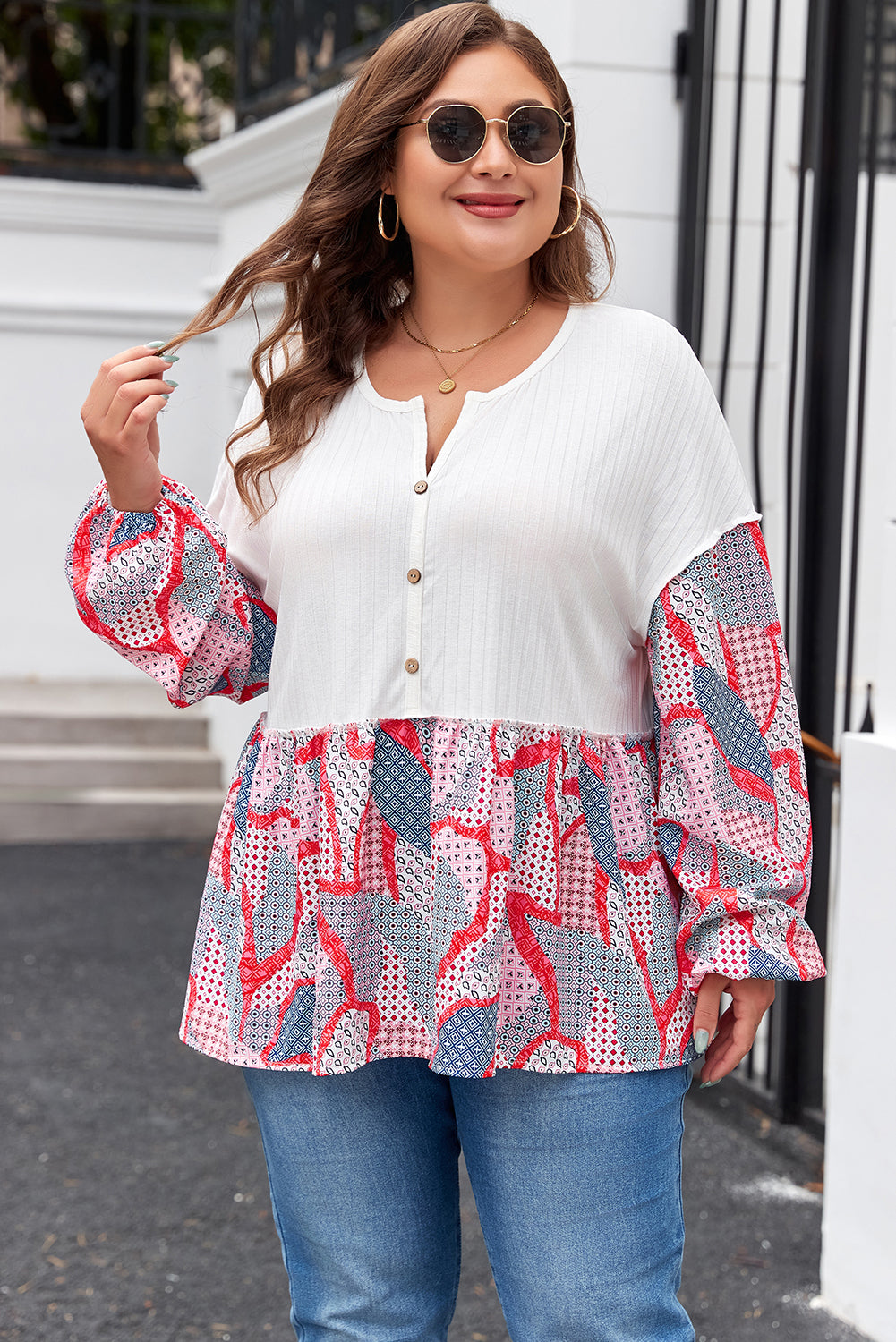 Apricot Plus Size Printed Patchwork Textured Buttoned Blouse Plus Size Blouses & Shirts JT's Designer Fashion
