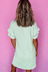 Green Stripe Ruffled Short Sleeve Crew Neck T Shirt Shift Mini Dress T Shirt Dresses JT's Designer Fashion