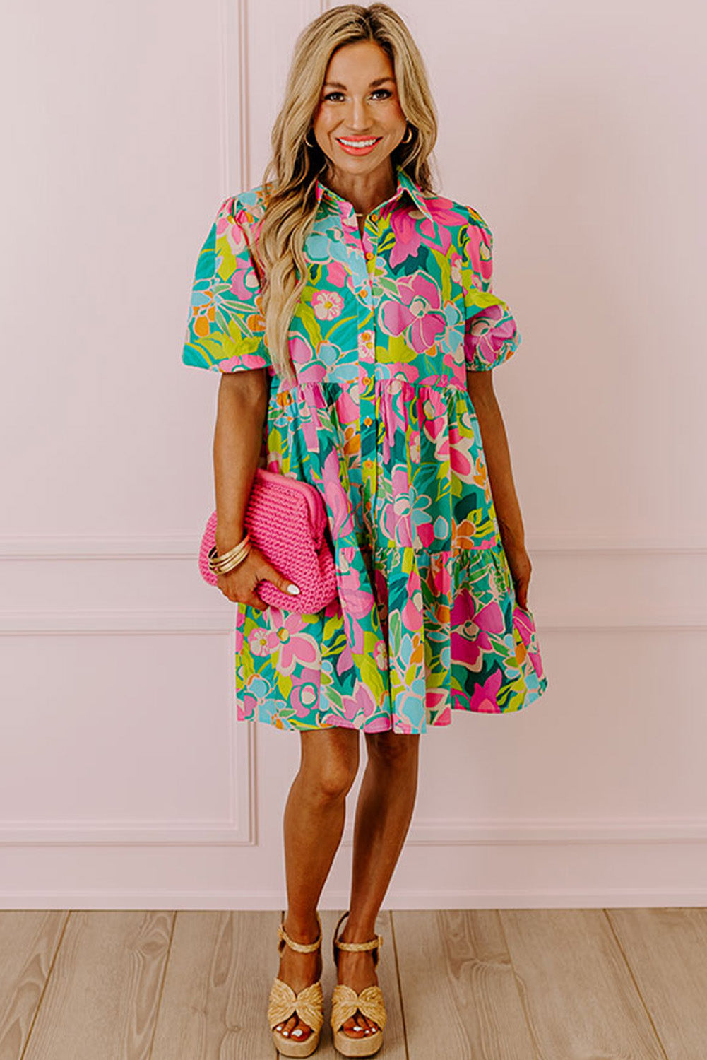 Green Floral Puff Sleeve Collar Buttoned Plus Babydoll Dress Dresses JT's Designer Fashion