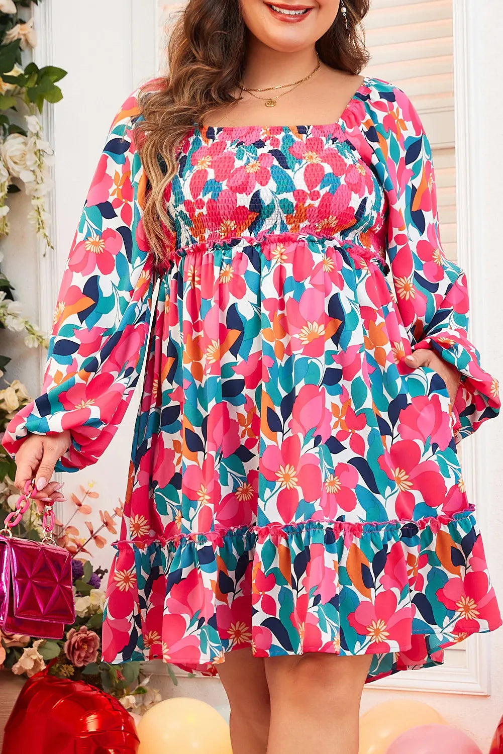 Plus Size Smocked Floral Square Neck Balloon Sleeve Dress Floral Mini Dresses JT's Designer Fashion