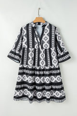 Black Geometric Print V Neck Ruffled Dress Mini Dresses JT's Designer Fashion