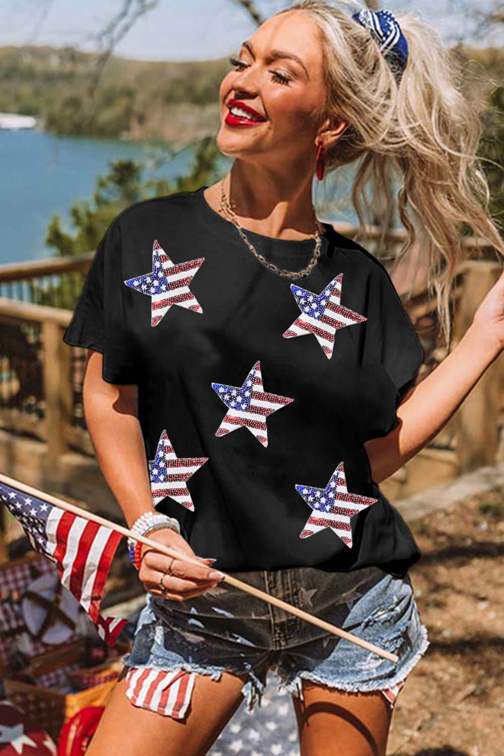 Black Sequined American Flag Star Graphic T Shirt Graphic Tees JT's Designer Fashion
