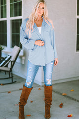 Sky Blue Roll Tab Sleeve Ribbed Cording Shacket Jackets JT's Designer Fashion