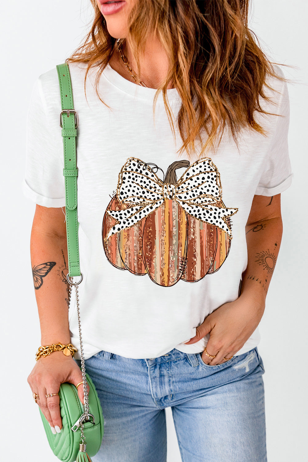 White Thanksgiving Bow Knot Pumpkin Print Round Neck T Shirt Graphic Tees JT's Designer Fashion
