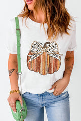 White Thanksgiving Bow Knot Pumpkin Print Round Neck T Shirt Graphic Tees JT's Designer Fashion
