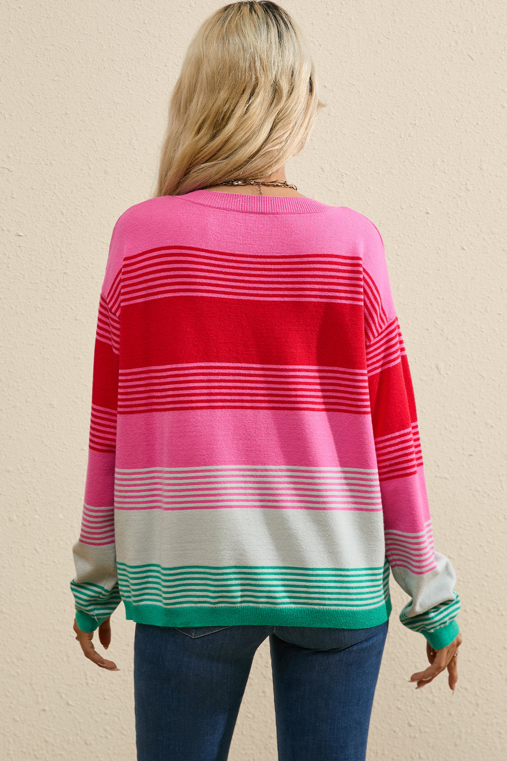 Rose Striped Knit Patch Pocket Drop Shoulder Sweater Sweaters JT's Designer Fashion
