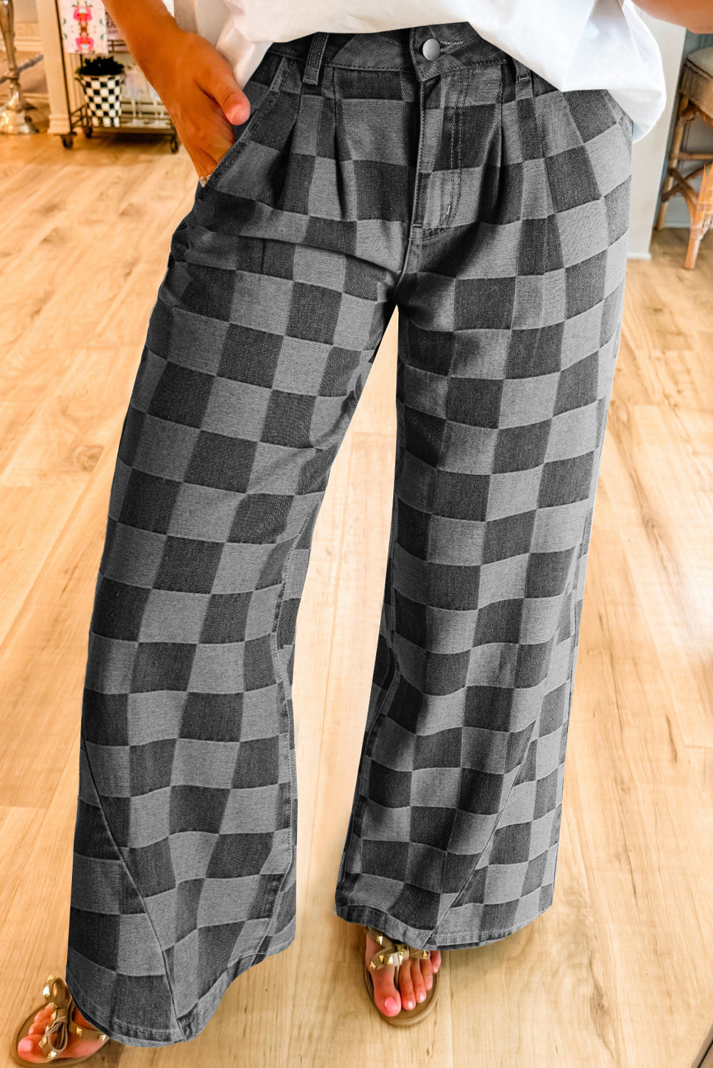 Dark Grey Checkered Denim Wide Leg Jeans Dark Grey 50%Polyester+50%Cotton Jeans JT's Designer Fashion