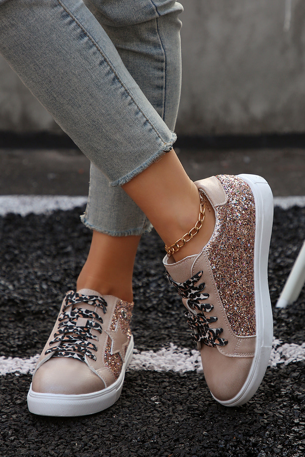 Gold Star Sequin Patchwork Leopard Lace-up Shoes Women's Shoes JT's Designer Fashion