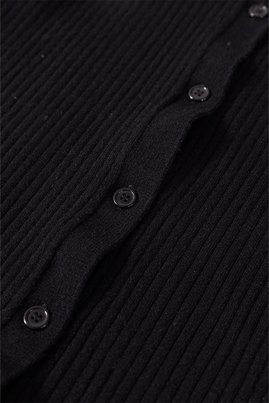 Black Ribbed Knit Collared Slim Fit Sweater Cardigan Cardigans JT's Designer Fashion