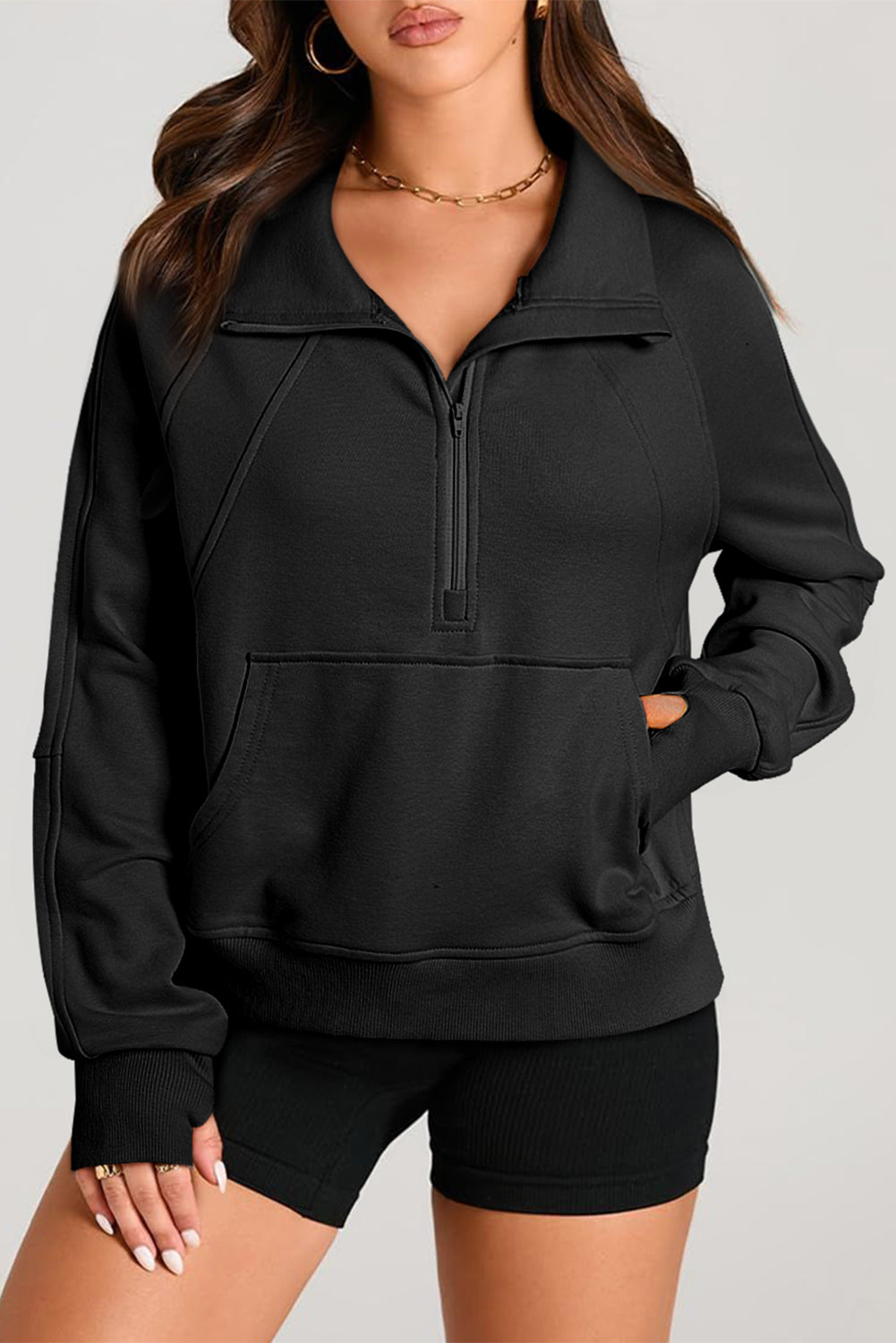 Black Quarter Zip Stand Neck Kangaroo Pocket Sweatshirt Sweatshirts & Hoodies JT's Designer Fashion