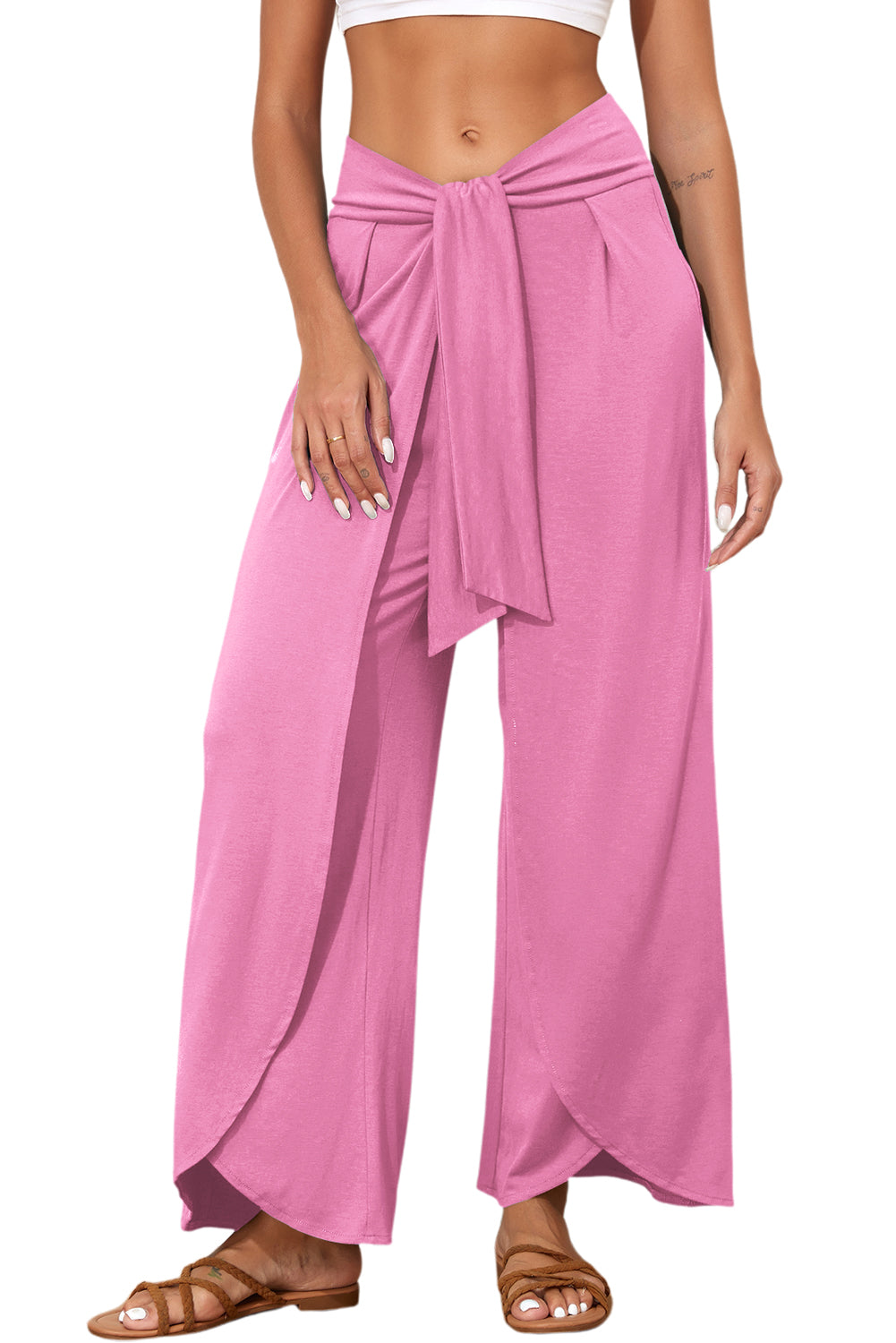 Bonbon Knotted Drop Waist Split Leg Relaxed Pants Pants & Culotte JT's Designer Fashion