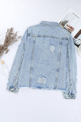 Sky Blue Lapel Distressed Raw Hem Buttons Denim Jacket Denim Jackets JT's Designer Fashion