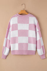 Pink Checkered Bishop Sleeve Sweater Sweaters JT's Designer Fashion