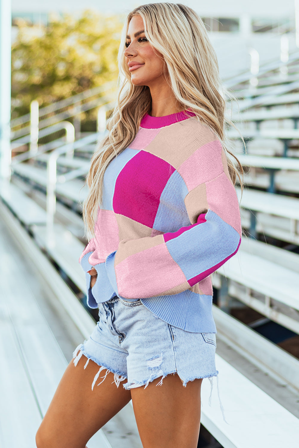 Rose Red Color Block Drop Shoulder Crewneck Loose Fit Sweater Sweaters JT's Designer Fashion