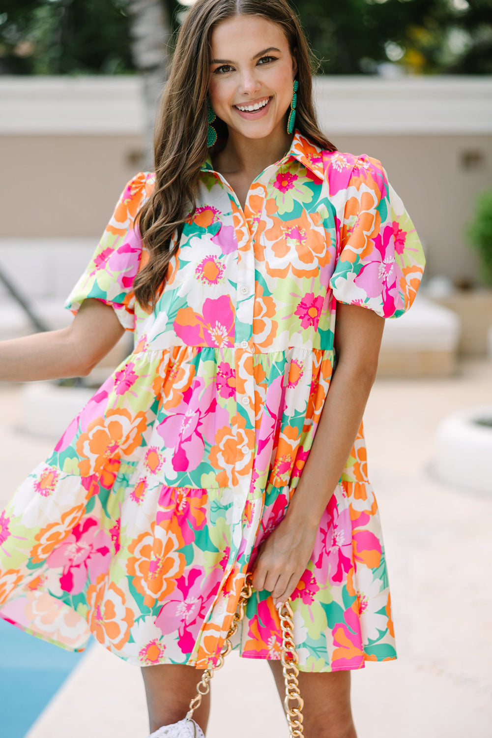 Pink Floral Puff Sleeve Collar Buttoned Babydoll Dress Floral Dresses JT's Designer Fashion