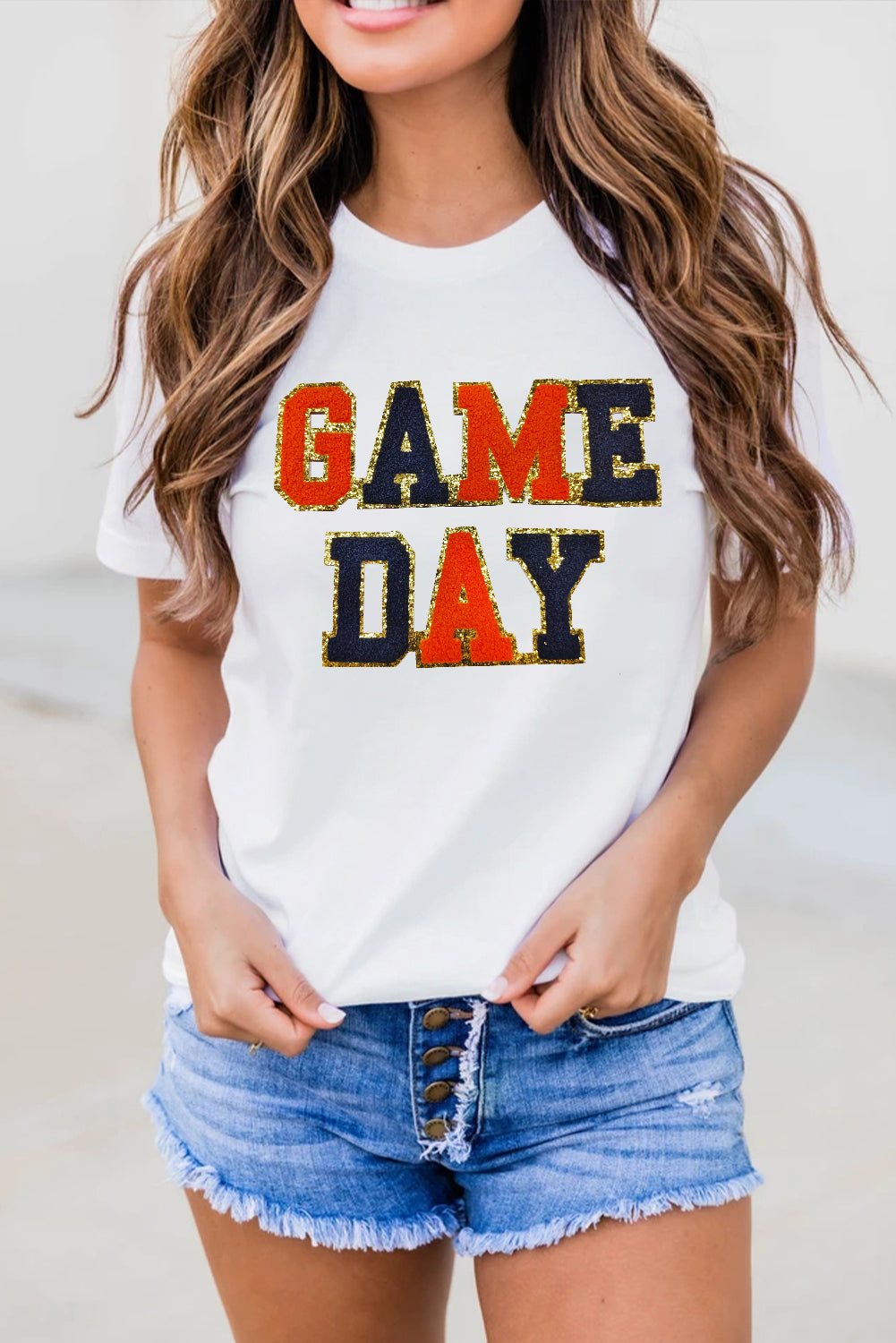 White Glitter GAME DAY Rugby Football Season Round Neck T Shirt Graphic Tees JT's Designer Fashion
