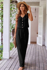 Black Buttoned Vest Drawstring Wide Leg Pants 2pcs Set Pant Sets JT's Designer Fashion