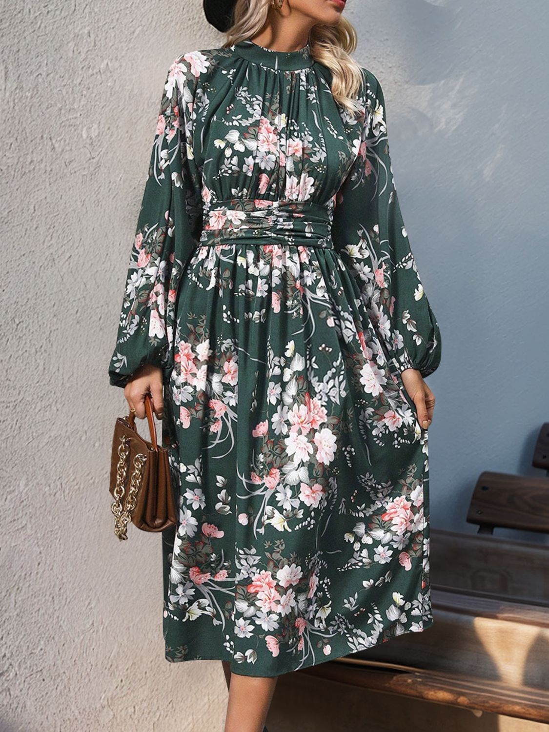 Ruched Printed Mock Neck Long Sleeve Midi Dress Midi Dresses JT's Designer Fashion