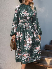Ruched Printed Mock Neck Long Sleeve Midi Dress Midi Dresses JT's Designer Fashion