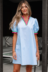 Myosotis Contrast Striped Notched V Neck Puff Sleeve Mini Dress Mini Dresses JT's Designer Fashion