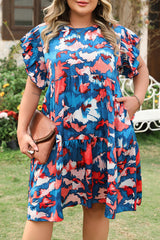 Blue Abstract Print Shirred Ruffled Short Sleeve Tiered Plus Size Mini Dress Plus Size Mini Dresses JT's Designer Fashion