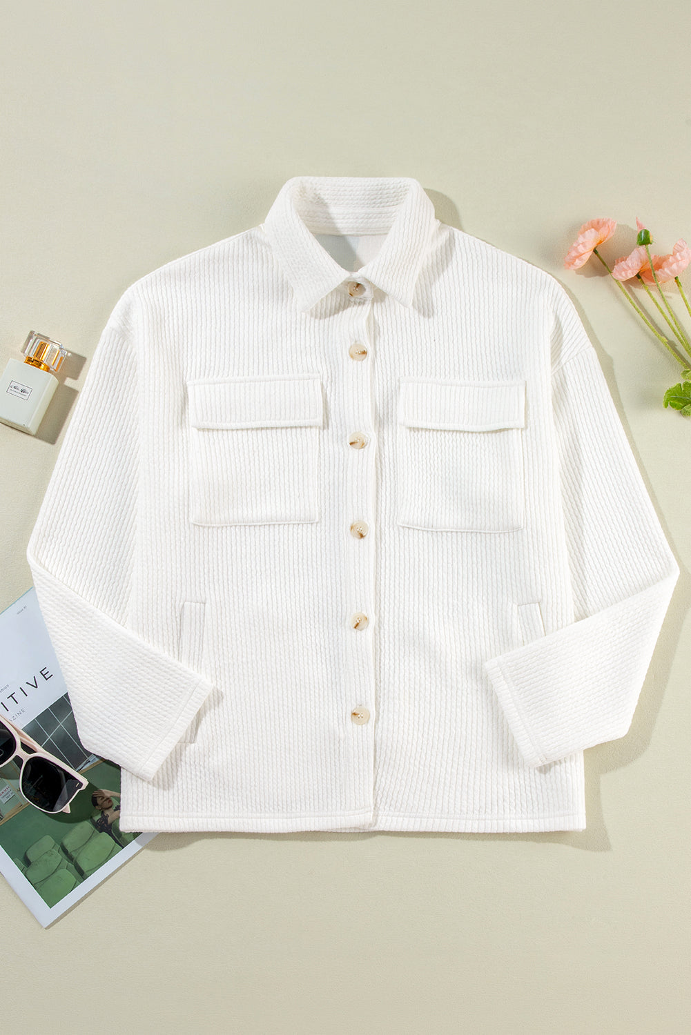 White Solid Color Corduroy Buttoned Long Sleeve Jacket Jackets JT's Designer Fashion