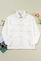 White Solid Color Corduroy Buttoned Long Sleeve Jacket Jackets JT's Designer Fashion