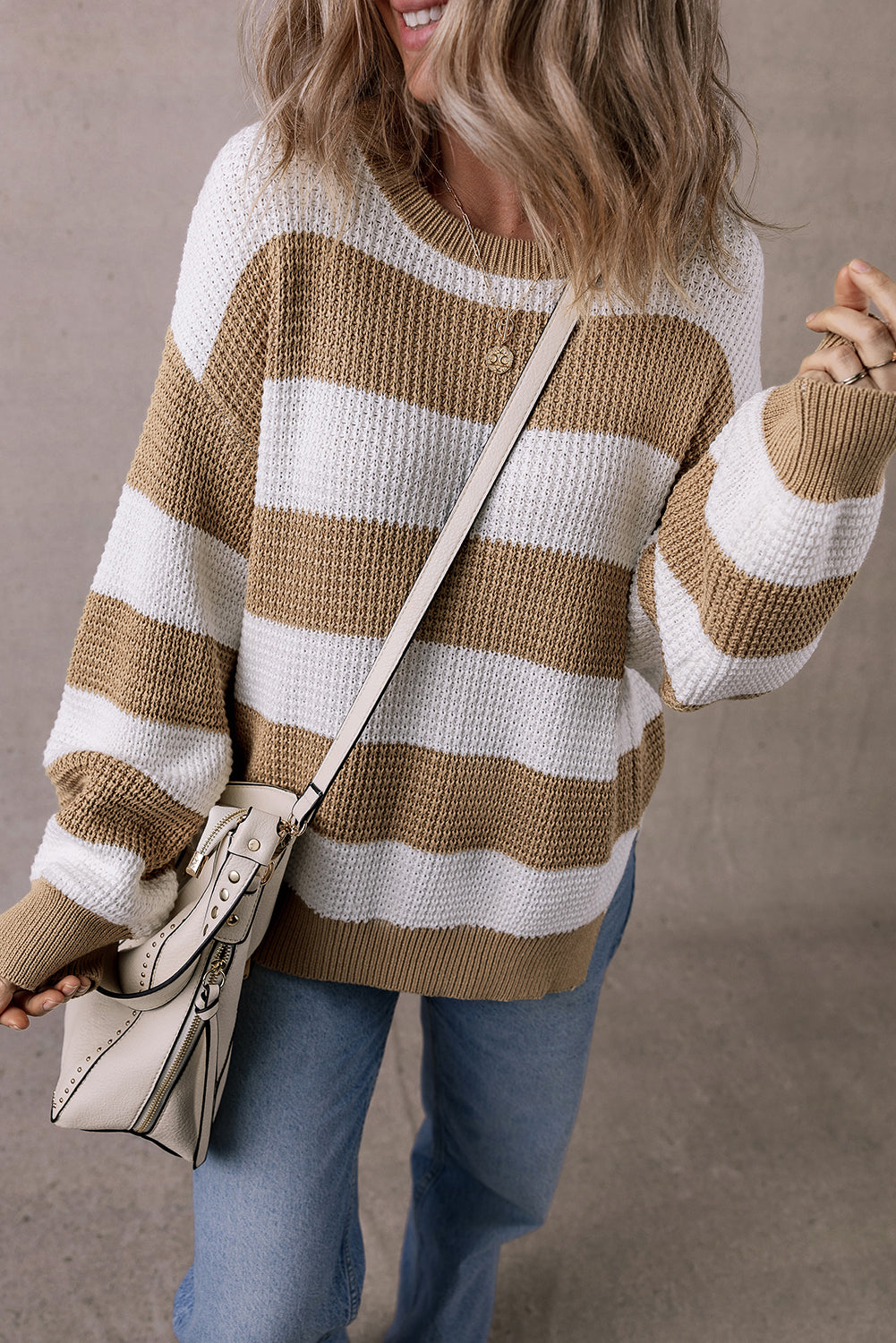 Light French Beige Colorblock Striped Drop Shoulder Side Slit Sweater Sweaters JT's Designer Fashion