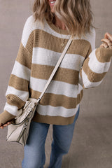 Light French Beige Colorblock Striped Drop Shoulder Side Slit Sweater Sweaters JT's Designer Fashion