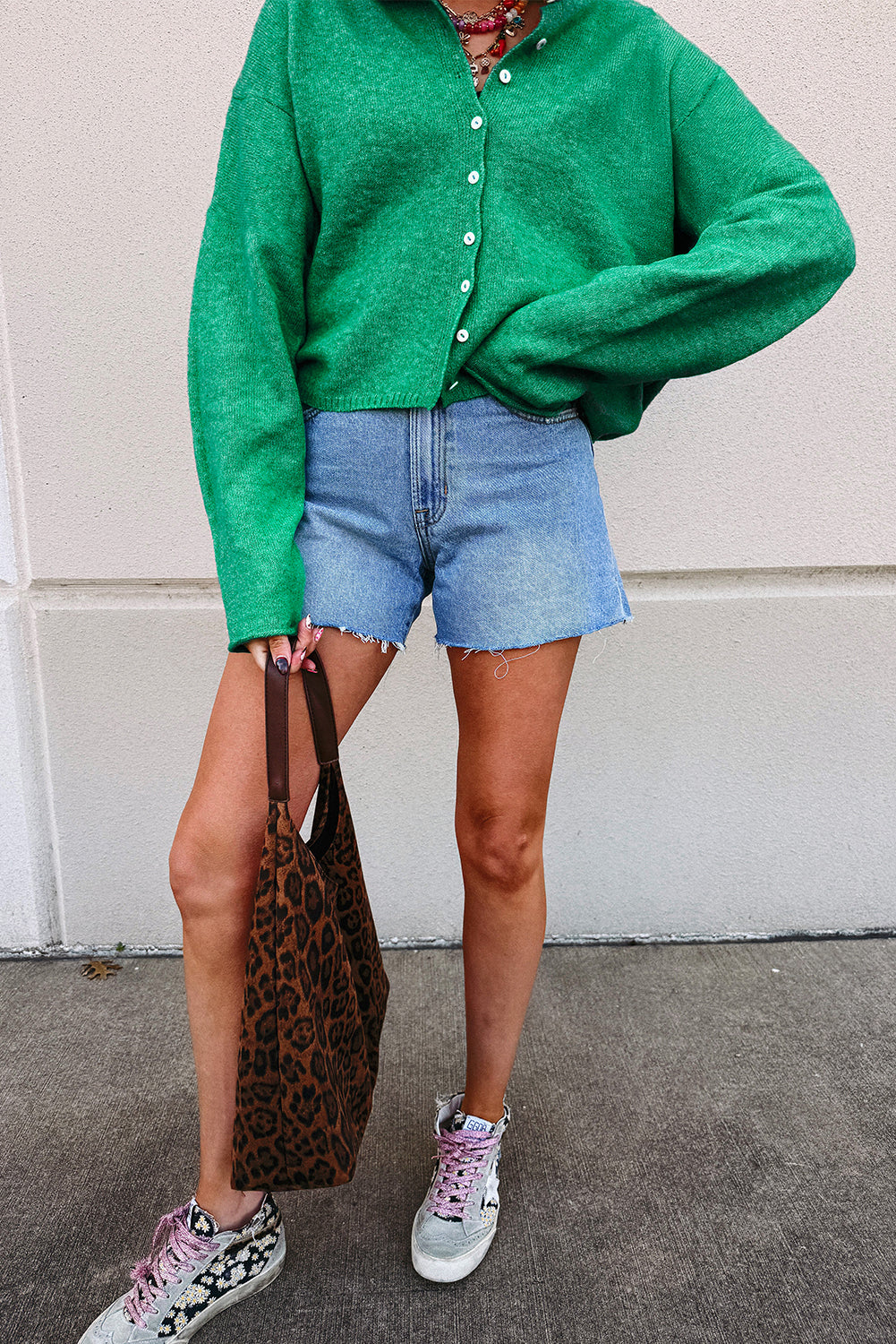 Bright Green Solid Color Knit Button Drop Shoulder Sweater Cardigan Cardigans JT's Designer Fashion