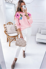 Pink Knitted Flower Pattern Ribbed Edge Sweater Sweaters JT's Designer Fashion